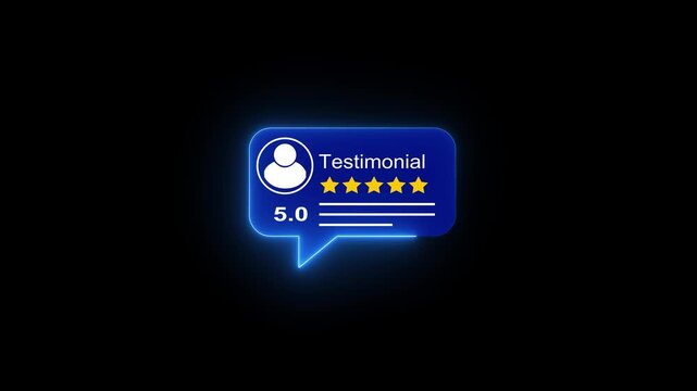 5-star customer testimonial with glowing neon speech bubble and text overlay on black background.
