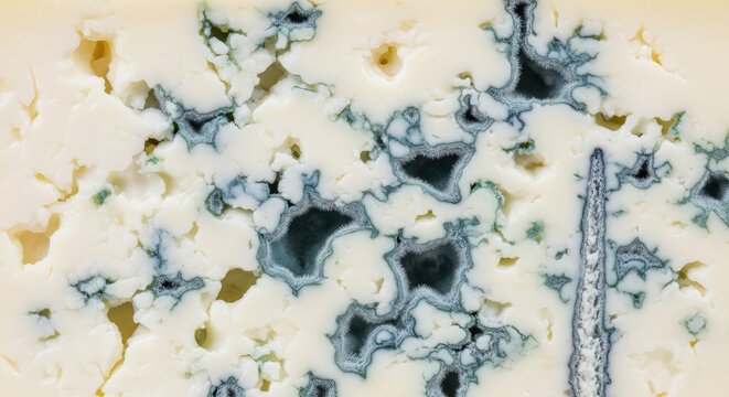 Extreme macro shot of artisan blue cheese showing intricate veins of cerulean mold against creamy white curd with craggy, porous textures, fungal, porous, close-up