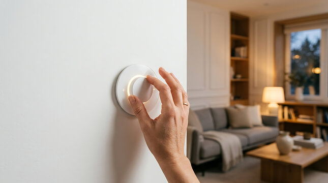 A hand rotates a modern, round dimmer switch on a wall, brightening the lights in a comfortable and well-decorated living room.