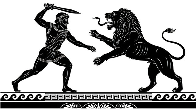 Ancient greek warrior fighting a lion in black and white style isolated on transparent background