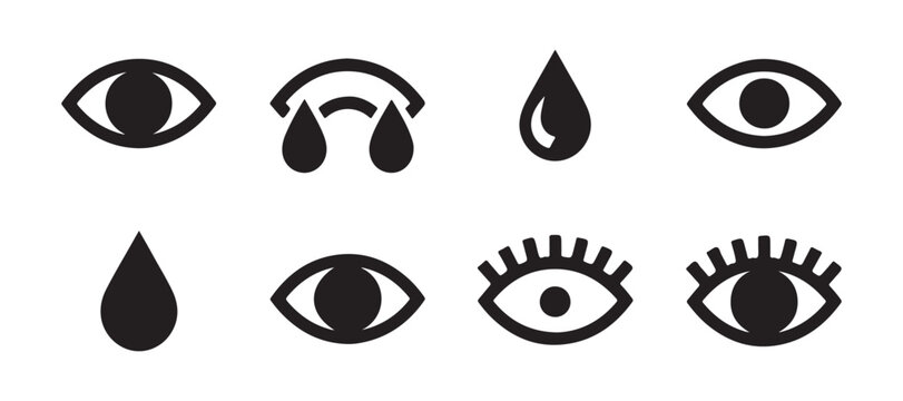 Set of eye and tear drop icons representing vision, crying and eye care.