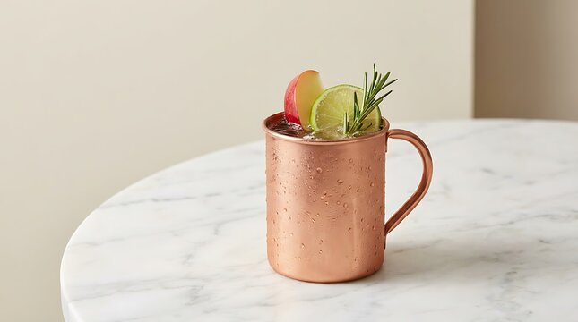 Cold moscow mule cocktail drink in a shiny copper mug with fresh lime and rosemary on a marble table. apple mule