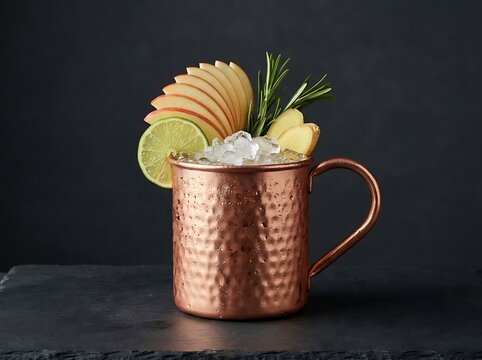 Cold copper mug cocktail drink with fresh apple slices and green lime garnish on a dark background. apple mule