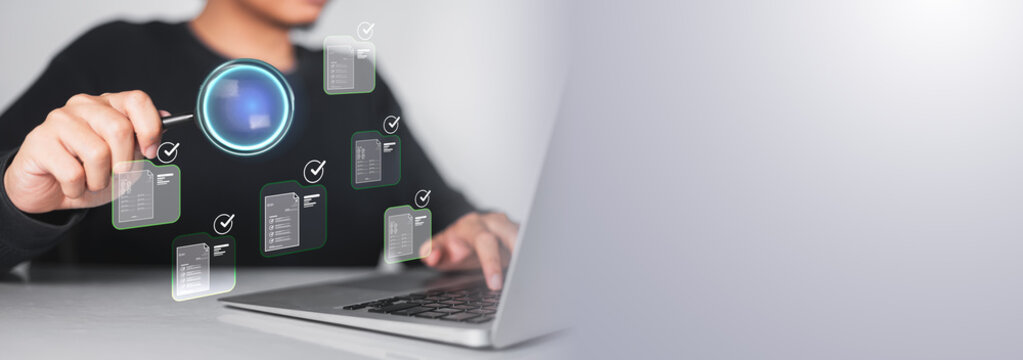 Inspecting electronic records corporate compliance manager executes thorough digital document verification completing required checklist ensuring absolute quality assurance approval.