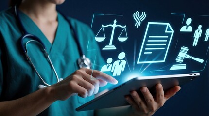 Fototapeta na wymiar Female doctor uses digital tablet to manage medical law, compliance. Pro clinician checks healthcare regulations, legal icons, patient rights on touch screen. Virtual interface displays justice