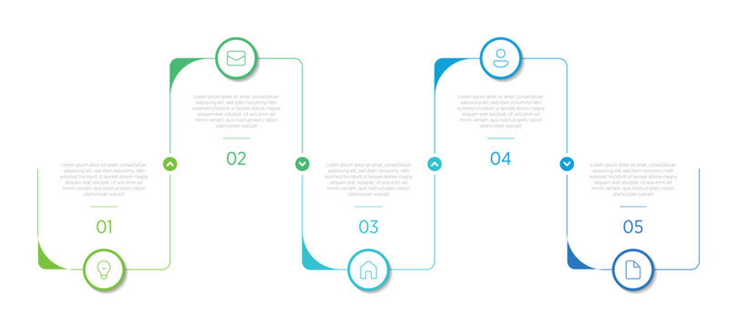 A set of five modern timeline infographic templates designed for clear, visually engaging presentations of processes, milestones, and chronological data.