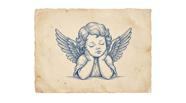 Vintage style illustration of a sleeping cherub angel isolated on transparent background