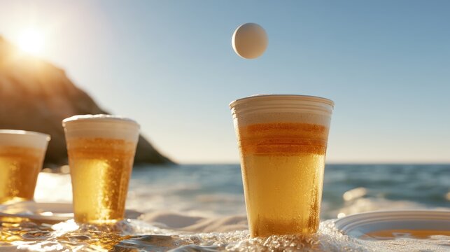 Close up of three plastic cups filled with golden beer and foam with a ping pong ball flying above on a sunny beach during sunset