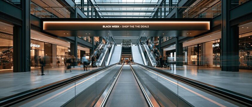 Sleek luxury mall interior with motionblurred shoppers during Black Week sale event. Symmetrical escalators, glass ceiling, and glowing promotional banner evoke peak retail energy.