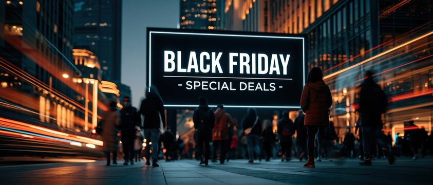 Shoppers rush through a glowing urban canyon toward a bold Black Friday billboard. Perfect for retail campaigns, seasonal sale promotions, and holiday marketing with highenergy city.