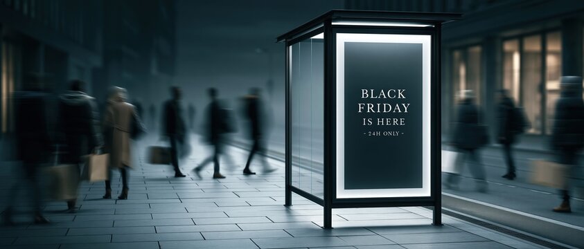 Glowing urban lightbox billboard announces a 24hour Black Friday sale as blurred shoppers rush past on a moody, atmospheric city street. Perfect for retail campaigns and seasonal marketing.t