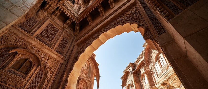 Aweinspiring lowangle view through intricately carved sandstone archway at Mehrangarh Fort, Jodhpur. Golden Rajput craftsmanship frames a clear blue sky, perfect for travel, heritage, and.