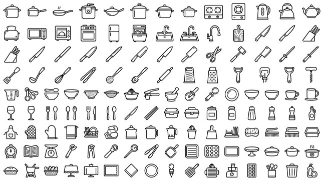 Kitchen icon set.Kitchen Line Icons Featuring Cookware Utensils Appliances Food Preparation Dining and Editable Outline Vector Symbols
