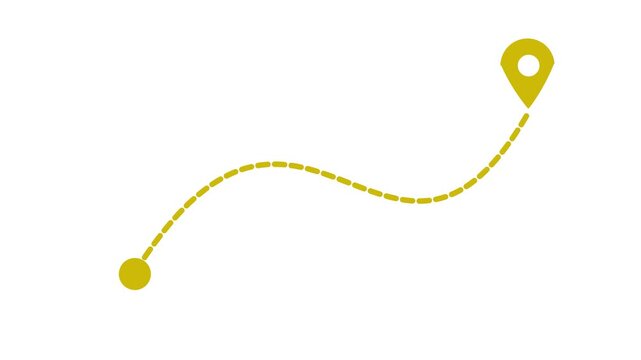 Animated dashed route line leading to map pin location on dark background. White navigation path with arrow and destination marker. Minimal travel and map concept 4k motion video.