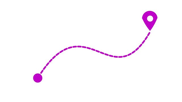 Animated dashed route line leading to map pin location on dark background. White navigation path with arrow and destination marker. Minimal travel and map concept 4k motion video.