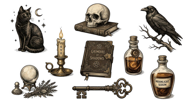 Collection of mystical witchcraft items isolated on transparent background