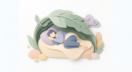 Obraz premium A peaceful papercut person sleeping soundly under a large green leaf canopy, representing deep sleep, rest, relaxation, and wellness.