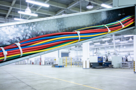 Industrial cable management system with colorful electrical wires in a modern factory facility