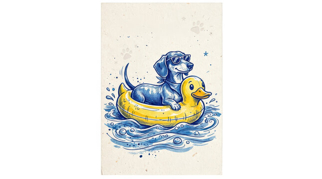 A cool dachshund dog wearing sunglasses floating on a yellow duck ring isolated on transparent background