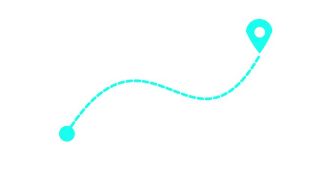 Animated dashed route line leading to map pin location on dark background. White navigation path with arrow and destination marker. Minimal travel and map concept 4k motion video.
