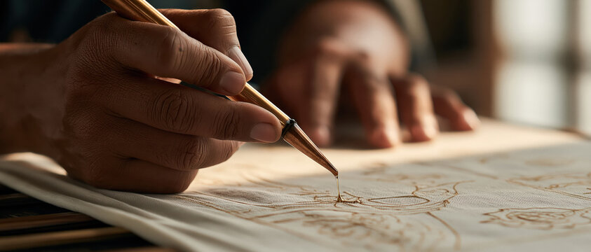 Skilled hands apply hot wax with a traditional canting tool onto cream fabric, tracing intricate batik motifs. Perfect for cultural heritage, artisan craft, and handmade lifestyle campaigns.