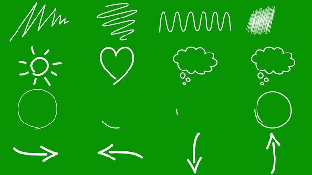 superb compilation of sixteen white doodle elements separated on green screen. Use these thick scribble textures, bright glowing suns, cute hearts, tight spirals, and arrows in editors.