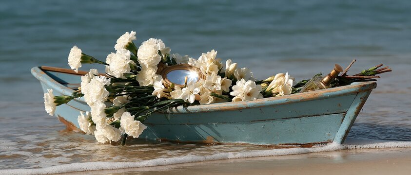Poetic ritual offering scene weathered turquoise boat filled with white carnations, jasmine, and a golden mirror resting at the oceans edge. Ideal for spirituality, ceremony, and cultural.
