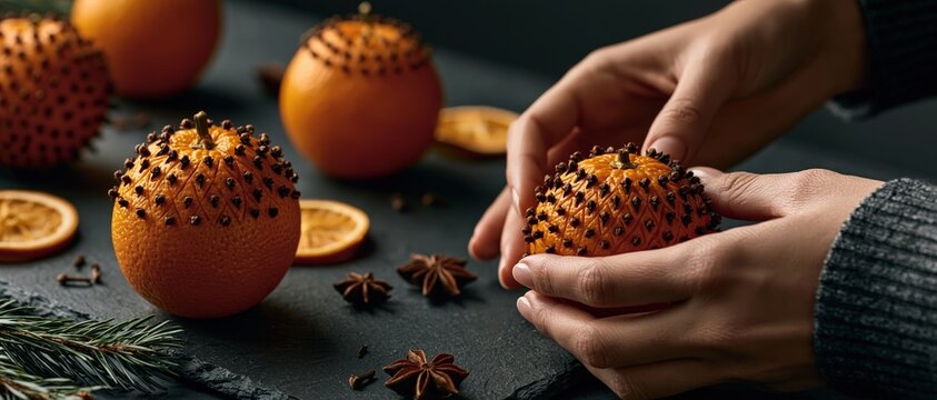 Macro shot of hands crafting traditional holiday citrus pomander balls decorated with whole cloves, star anise, dried orange slices, and pine branches on a dark tabletop.