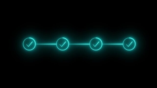 Glow glowing 4 step infographic process with check mark icon. infographic step by step process icon animation on black background, step process success with check marks.motion graphic animation.