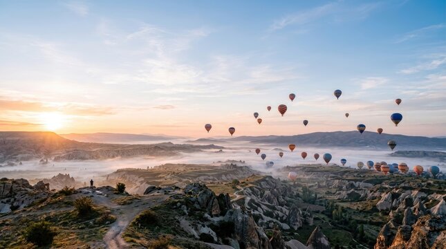 Many hot air balloons float over a valley shrouded in mist at sunrise. The balloons are various colors, and the landscape features rocky formations and a distant, hazy horizon.