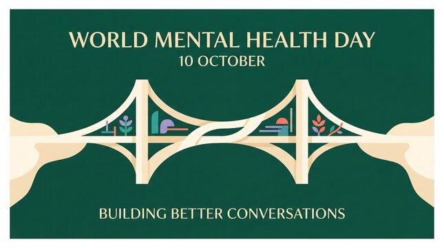 World mental health day conceptual illustration featuring a bridge connecting two sides with text about building better conversations