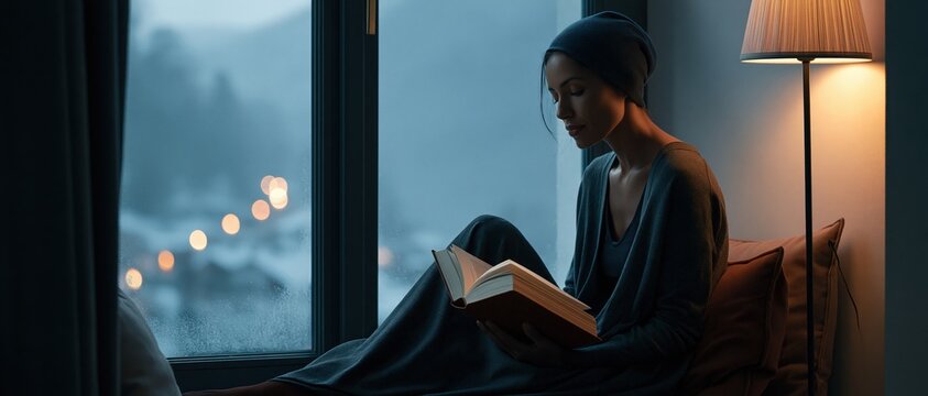 Young woman in a blue beanie and gray cardigan sits by a frosted window reading a book, with warm lamp light and snowy city lights outside creating a cozy winter atmosphere.