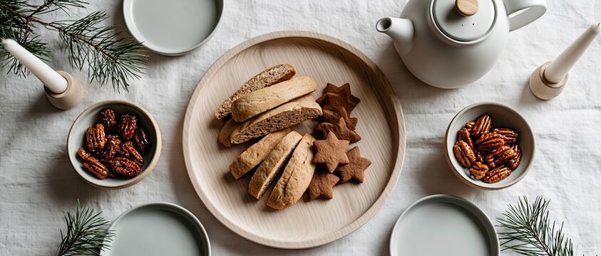 Cozy holiday entertaining styled with Scandinavian simplicity star gingerbread cookies, biscotti, and candied pecans on a wooden plate beside a white ceramic teapot and pine branches.