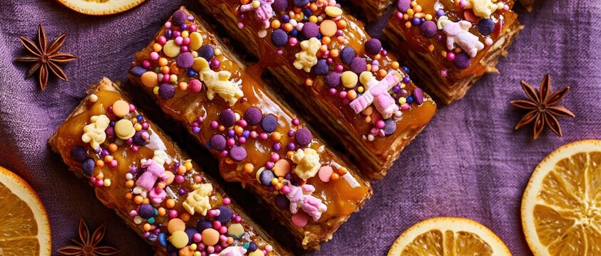 Indulgent caramelglazed layered pastry bars topped with vibrant sprinkles and candy decorations, styled with dried orange slices and star anise on purple linen. Perfect for celebration and.