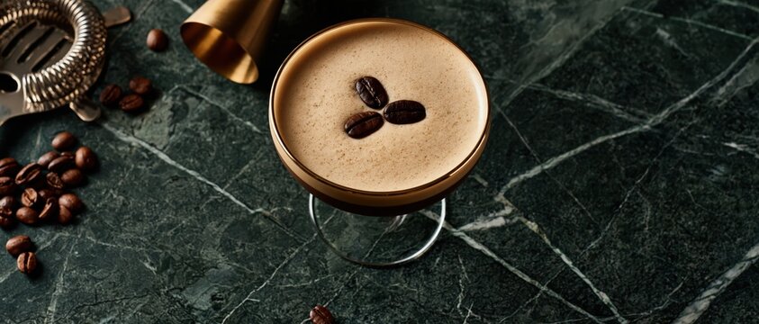 Indulgent espresso martini in a goldrimmed coupe glass, garnished with three coffee beans, styled on dark green marble beside a jigger and strainer. Perfect for upscale bar and hospitality.