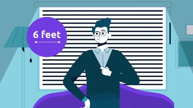 Animated business man character standing indoors near window in video footage for educational presentation clip