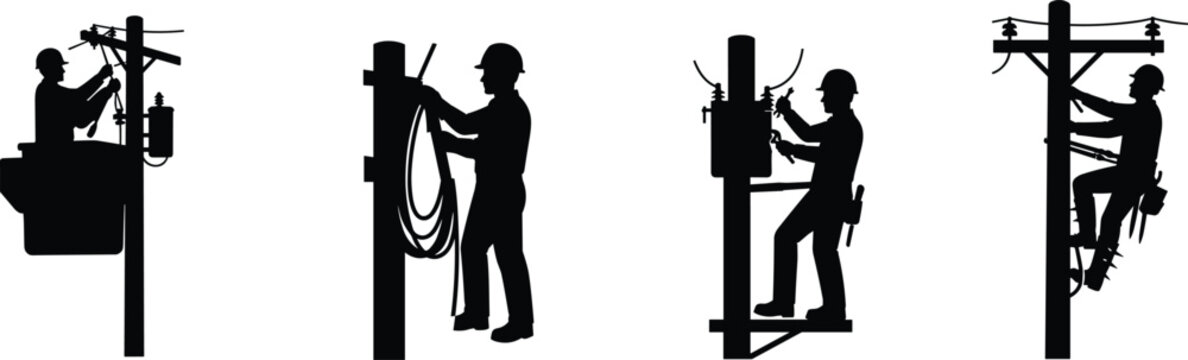 Electrical Utility Line Worker Silhouette Set with Power Pole Maintenance Icons