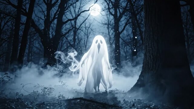 Eerie video of a glowing ghost figure floating through a dark and misty forest at night