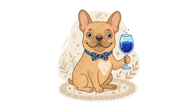 Cute french bulldog with a blue drink isolated on transparent background