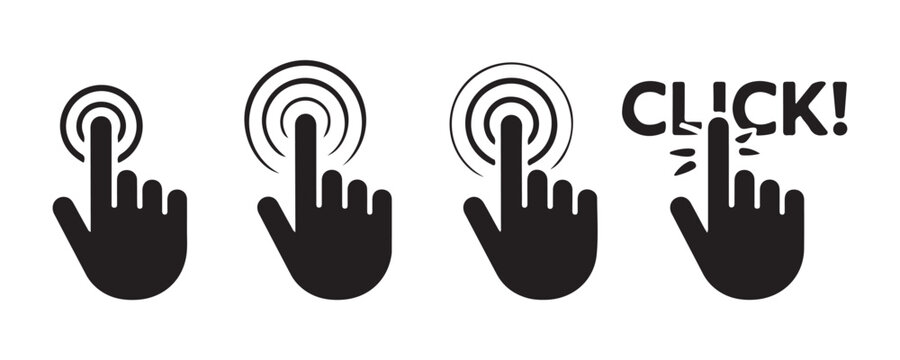 Solid black hand clicking icon set with double and triple ring wave elements for design template.