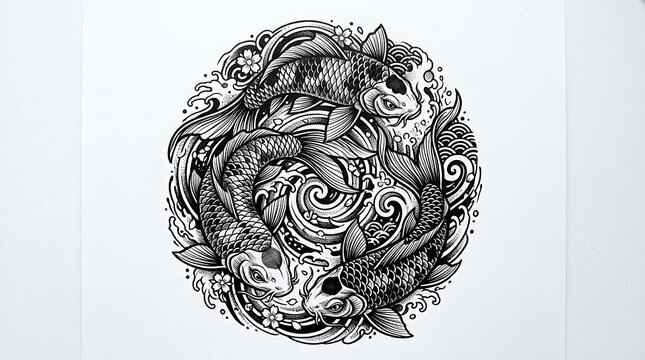 Three koi fish swimming in a circular motion japanese style ink art