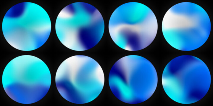 Set of electric blue and cyan fluid gradient spheres with icy white glow and noise texture for futuristic AI voice assistant interface