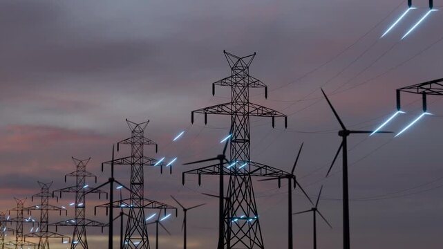 Power Transmission Lines.Concept of Renewable Green Energy and Clean Ecological Environment,3D Digital Visualization of Electricity,High-voltage power line tower current transmission