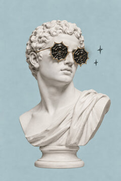 Classical marble bust of a young man wearing spider web sunglasses. Cool Halloween fashion