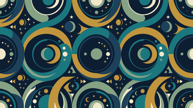 Seamless vector pattern with moons stars and circles in teal gold and navy blue