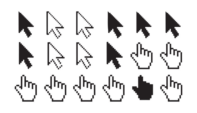 Set of black pixelated cursor and hand pointer icons for retro and modern digital interfaces.