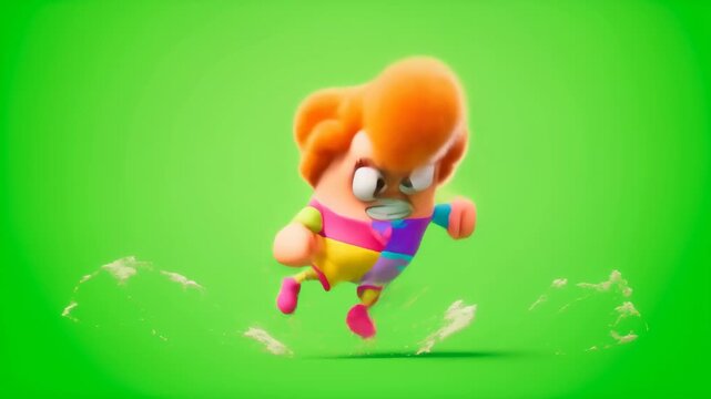Animated cartoon character running excitedly on green background with motion blur