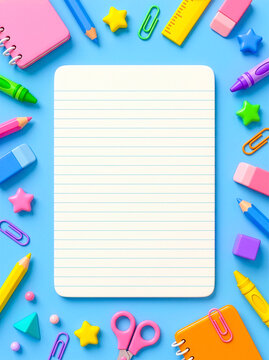 3D colorful school supplies flat lay with blank lined notepaper on blue background, copy space