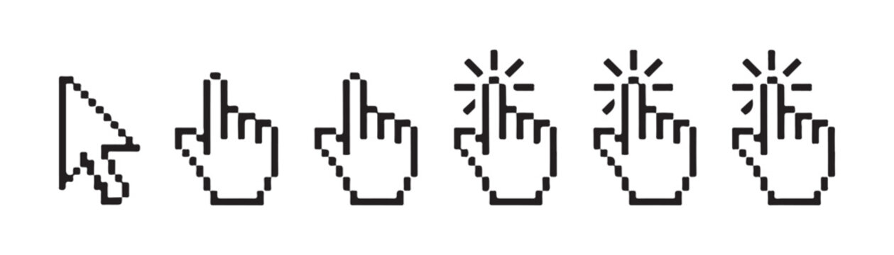 Pixelated computer cursor and hand pointer icons for digital interface selections.