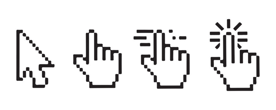 Pixelated computer cursor and hand pointer icons for digital interface selections.